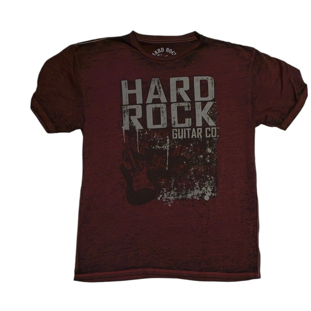Hard Rock Guitar Co Mens Large Burgundy Distressed Graphic T-Shirt Burnout L